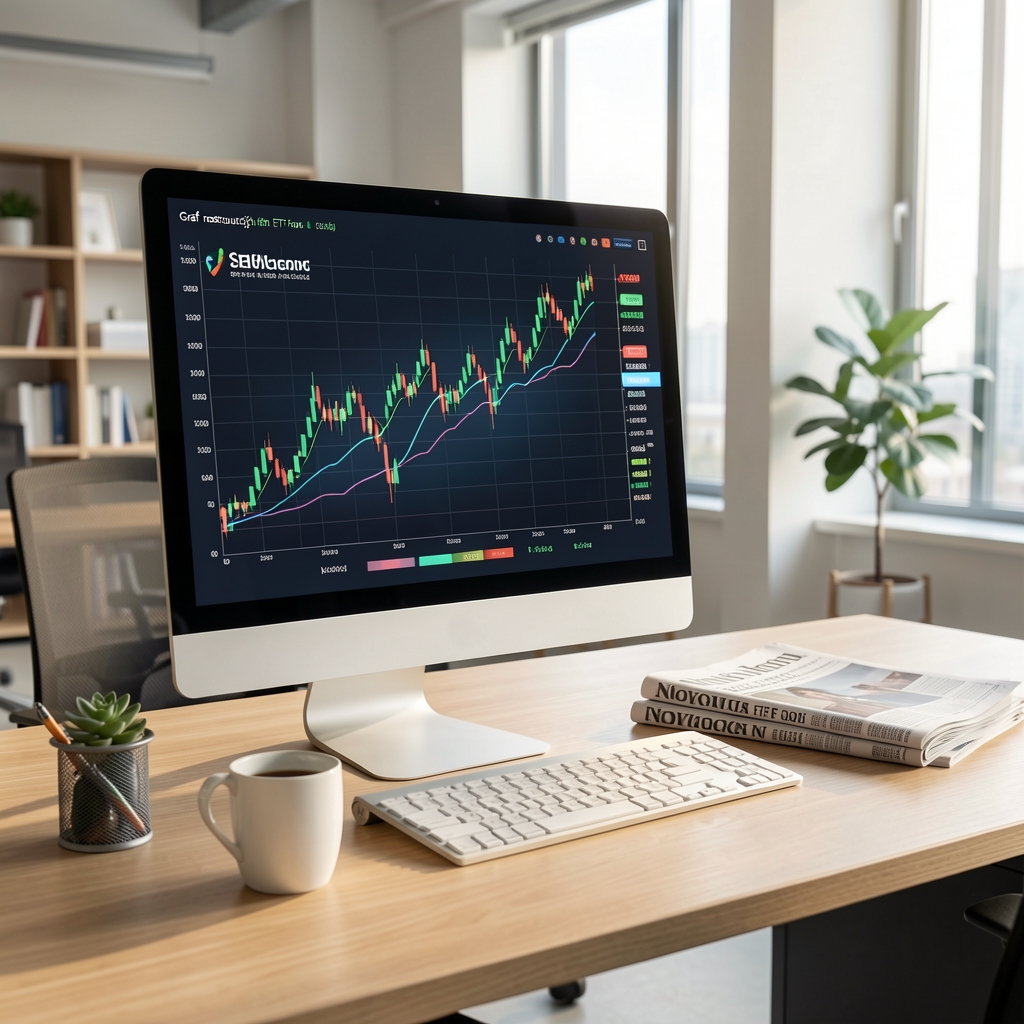 Graf rostoucích ETF fondů na monitoru počítače s finančními novinami v pozadí