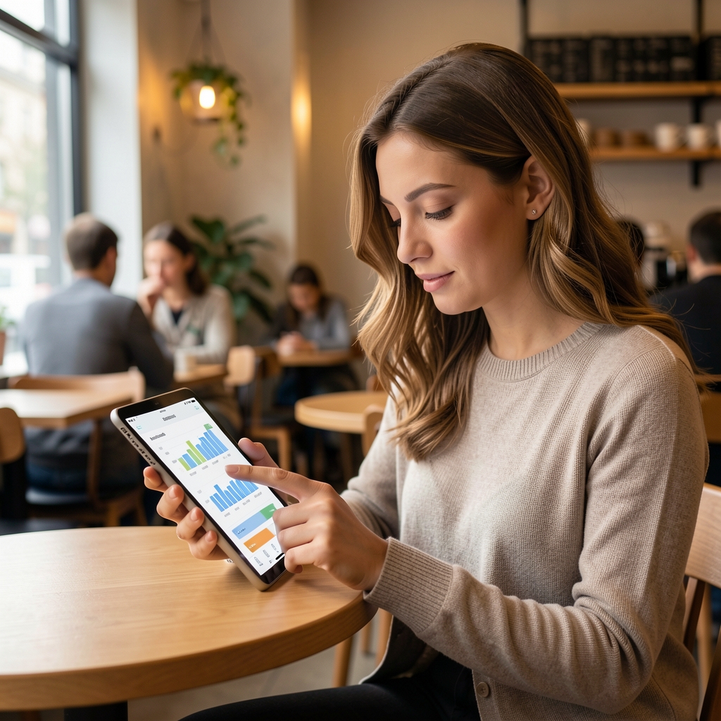 Žena v kavárně čte finanční aplikaci na tabletu – moderní přístup k osobním financím