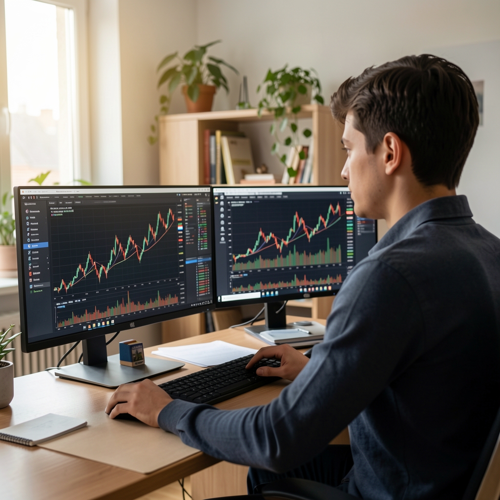 Mladý muž sleduje grafy akcií a ETF fondů na dvou monitorech v domácí kanceláři v Praze