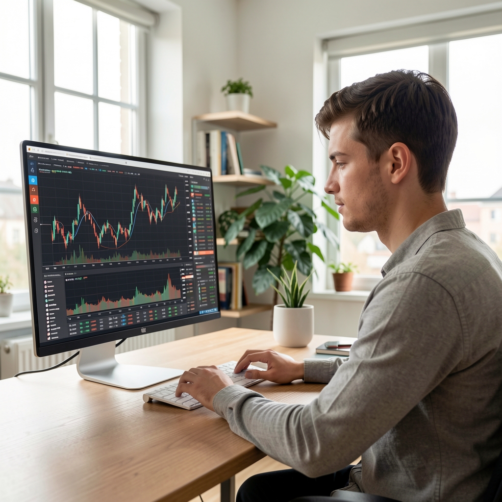Mladý muž studuje grafy finančních trhů na monitoru počítače v moderní domácí kanceláři